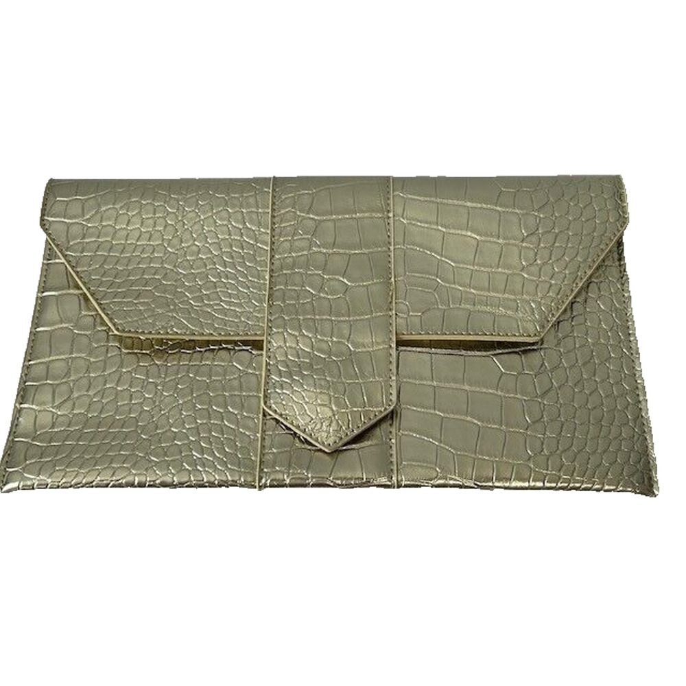 JJ WINTERS Envelope Flap Nikki Clutch Bag Metallic Mock Croc Leather Gold NEW
